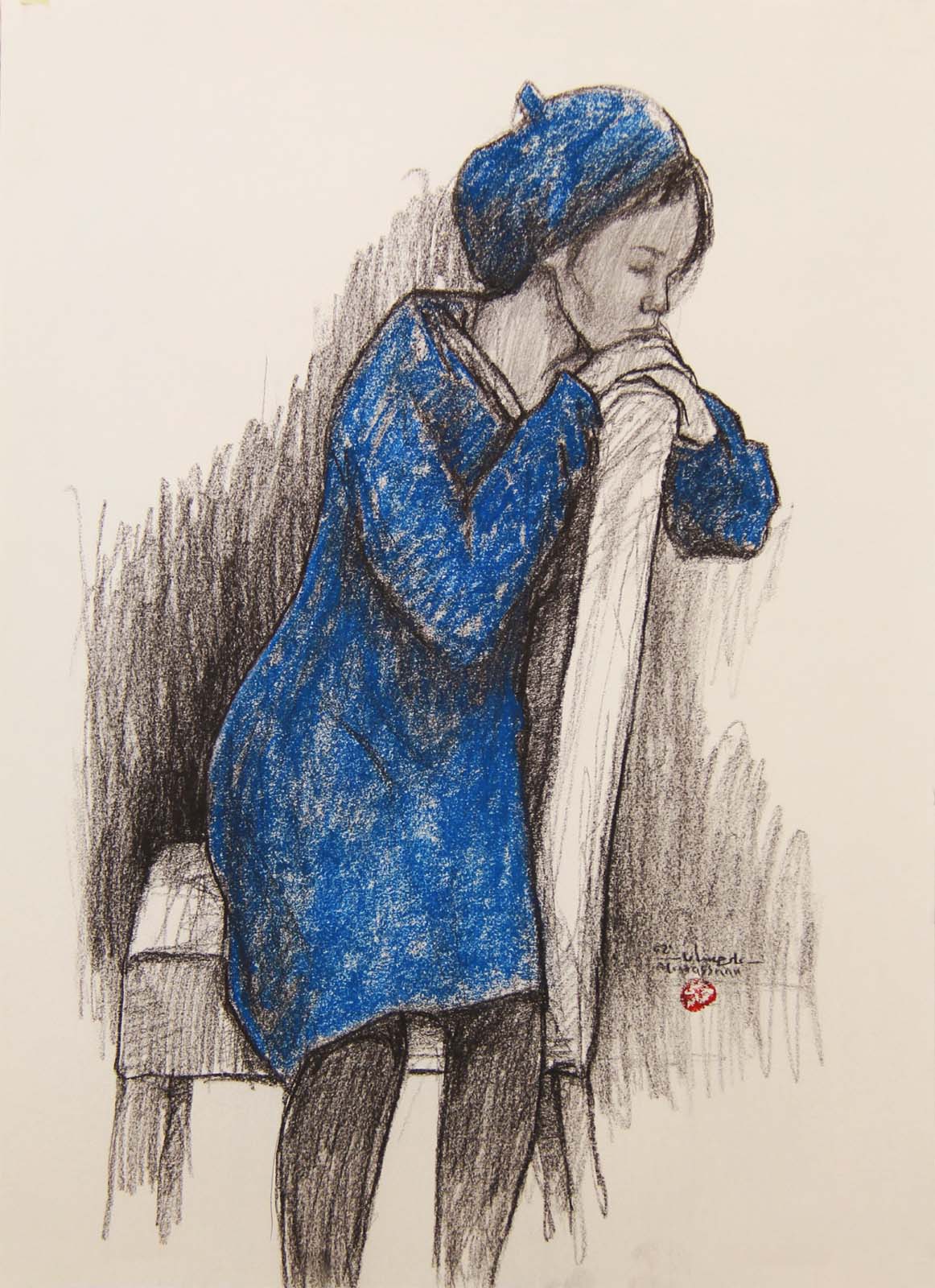 Girl in blue - study | 2021 | Charcoal and soft pastel on paper | 42 cm x 57,5 cm