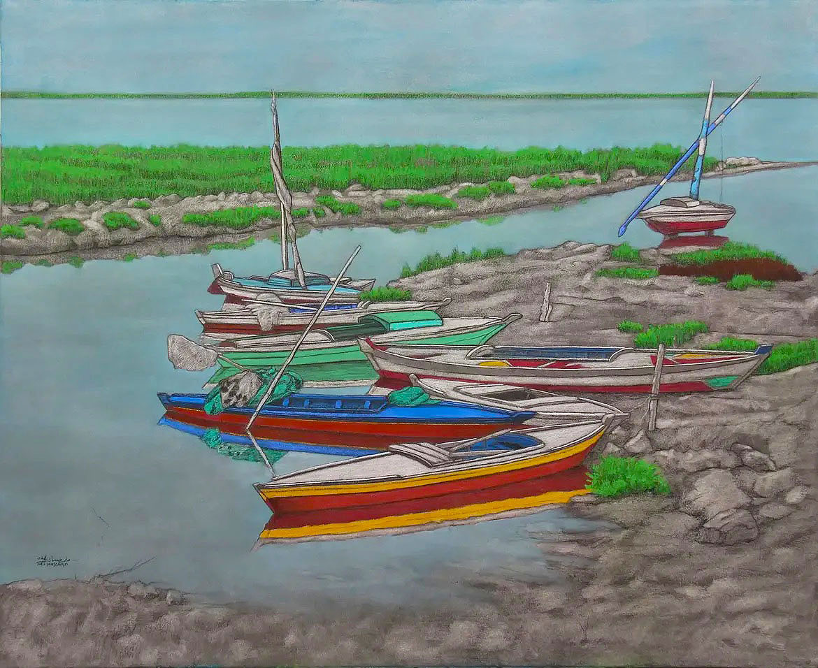 EL BURULLUS Boats III - 2026 - Charcoal, soft pastel and pan pastel on paper - 98 x 80 cm