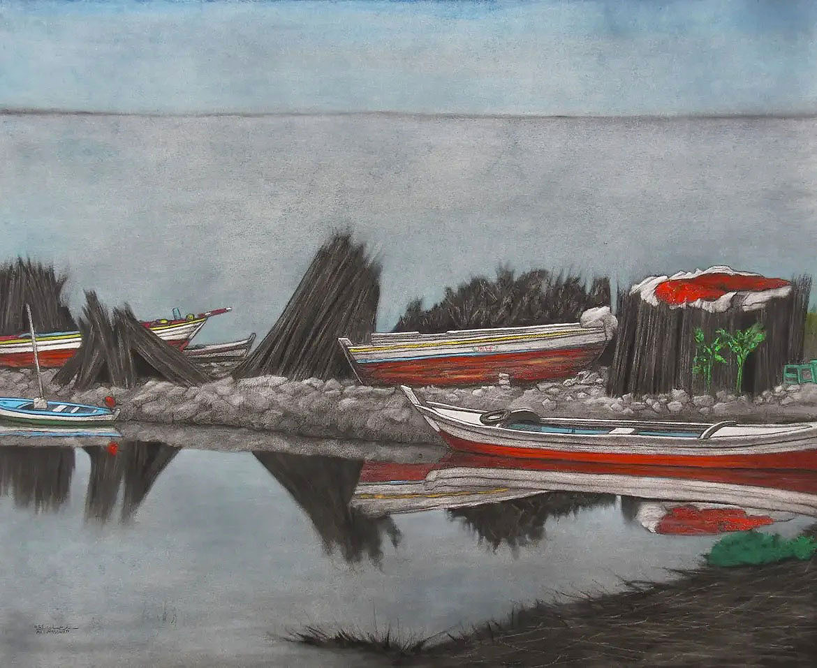 EL BURULLUS Boats IV 2026 | Charcoal, soft pastel and PanPastel on paper | 98 cm x 80 cm